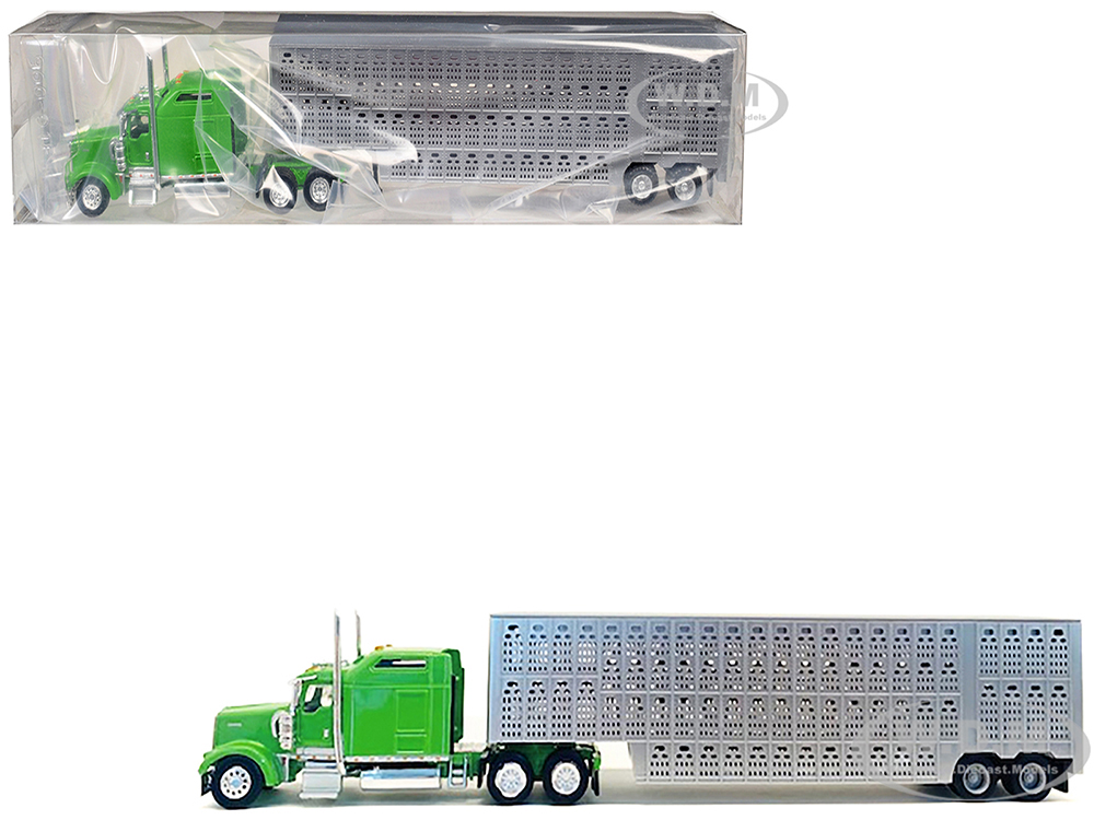 Kenworth W900L Green with Silver Livestock Trailer 1/87 (HO) Plastic Model Car by Promotex