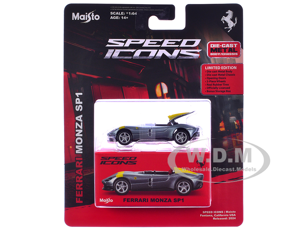 Ferrari Monza SP1 Silver Metallic with Yellow Stripes "Speed Icons" Series 1/64 Diecast Model Car by Maisto