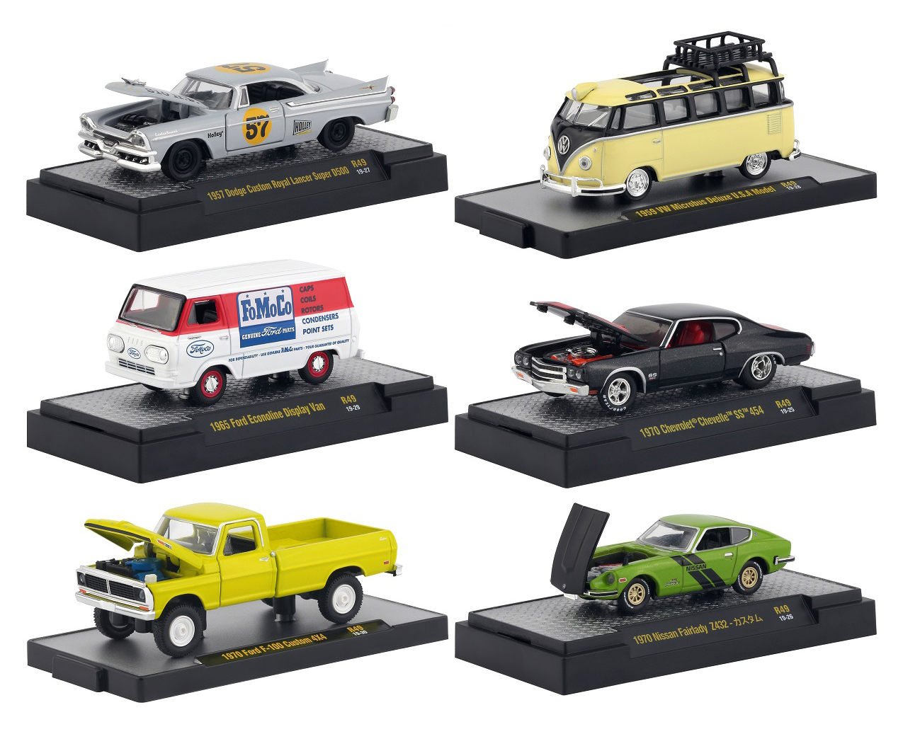 "auto Meets" Release 49 Set Of 6 Cars In Display Cases 1/64 Diecast Model Cars By M2 Machines