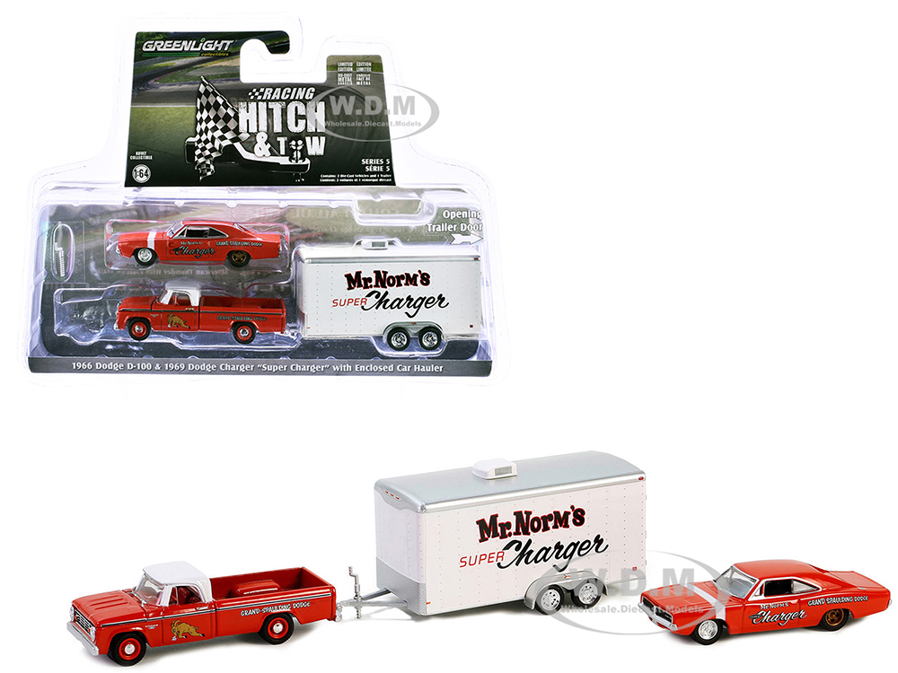 1966 Dodge D-100 Pickup Truck Red with White Top and 1969 Dodge Super Charger Red with White Stripe with Enclosed Car Hauler Mr. Norm?ó?é¼?äós Super Charger Racing Hitch &amp; Tow Series 5 1/64 Diecast Model Car by Greenlight