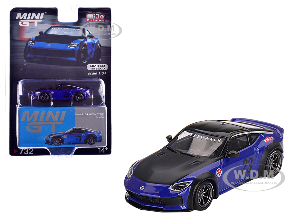 Nissan Z LB Nation Works #23 Seiran Blue Metallic with Black Hood and Top Limited Edition to 6000 pieces Worldwide 1/64 Diecast Model Car by Mini GT