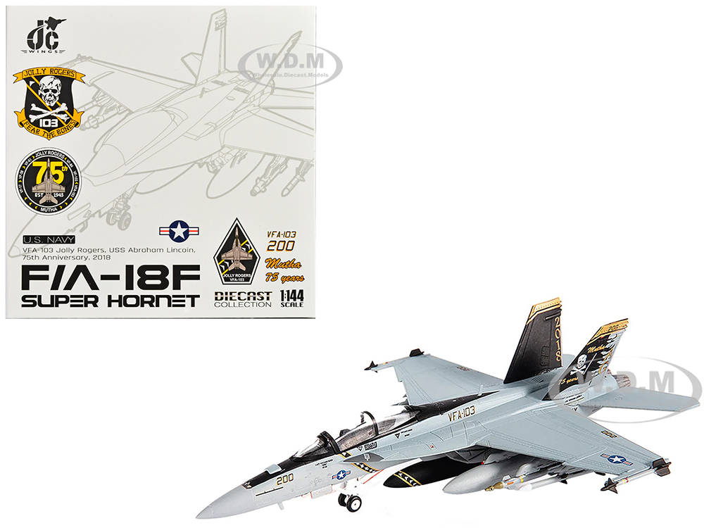 Boeing F/A-18F Super Hornet Fighter Aircraft VFA-103 Jolly Rogers Squadron 75th Anniversary USS Abraham Lincoln (2018) United States Navy 1/144 Diecast Model by JC Wings