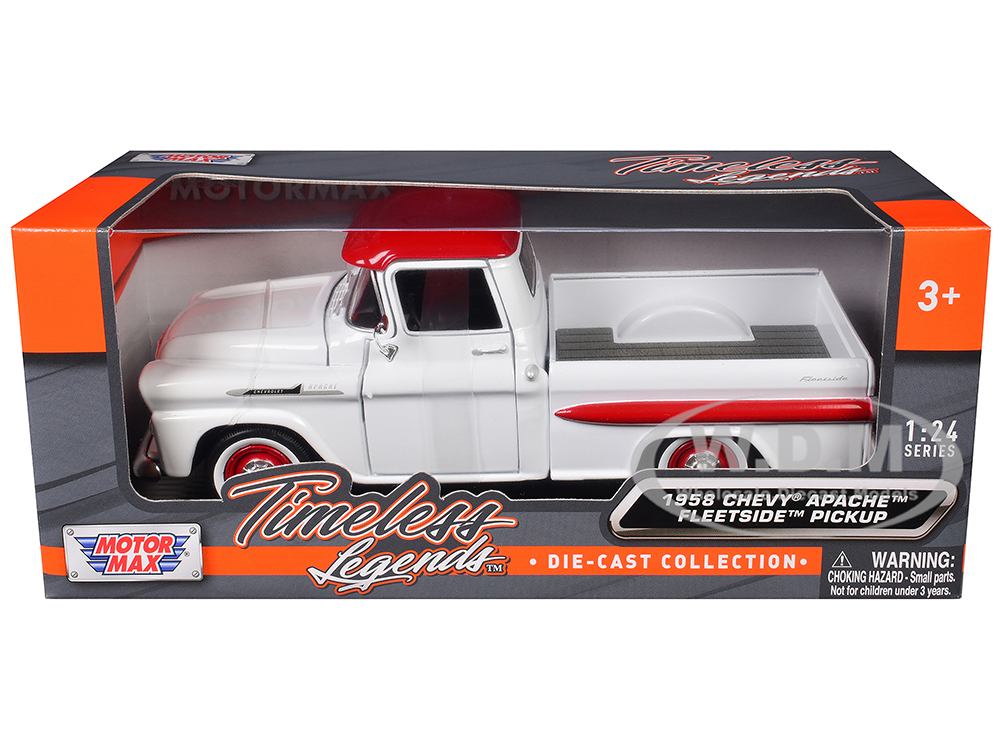 1958 Chevrolet Apache Fleetside Pickup Truck White with Red Top "Timeless Legends" Series 1/24 Diecast Model Car by Motormax