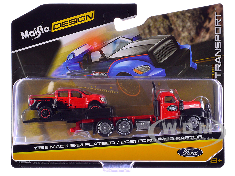 1953 Mack B-61 Flatbed Truck Red with Black and 2021 Ford F-150 Raptor Pickup Truck Red and Black Elite Transport Series 1/64 Diecast Models by Maisto