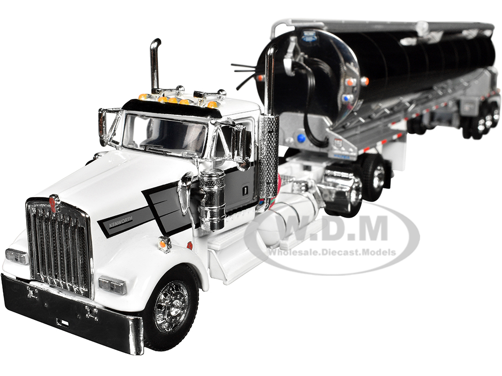 Kenworth W900L Day Cab and Walinga Bulk Tank Trailer White with Black and Gray Stripes 1/64 Diecast Model by DCP/First Gear