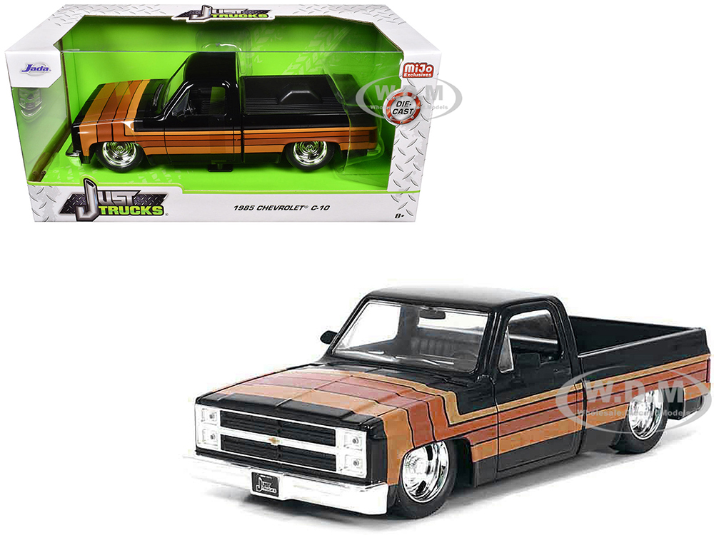 1985 Chevrolet C-10 Pickup Truck Black with Stripes and GM Rally Wheels Just Trucks Series 1/24 Diecast Model Car by Jada