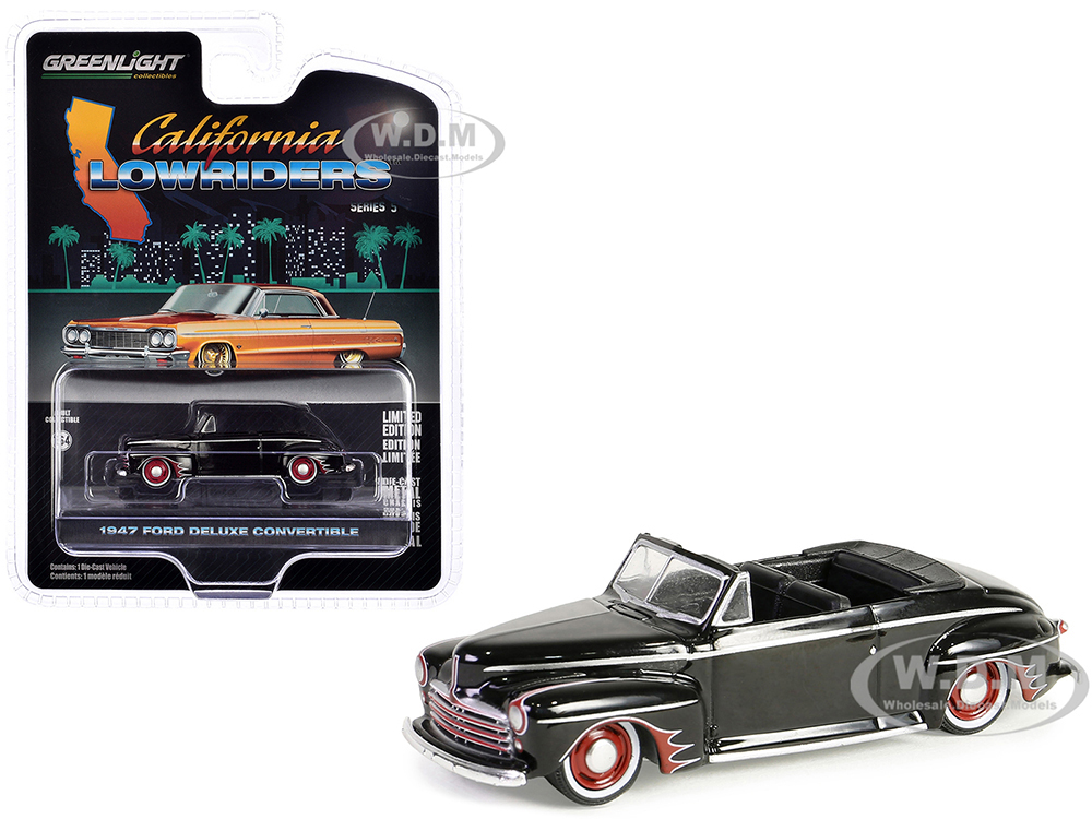 1947 Ford Deluxe Convertible Lowrider Black wit h Red Graphics California Lowriders Series 5 1/64 Diecast Model Car by Greenlight