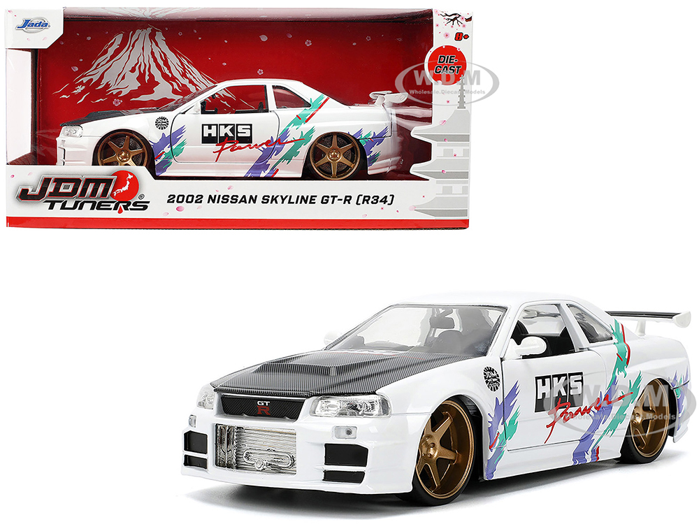 2002 Nissan Skyline GT-R (R34) RHD (Right Hand Drive) "HKS Power" White with Carbon Hood and Graphics "JDM Tuners" Series 1/24 Diecast Model Car by J