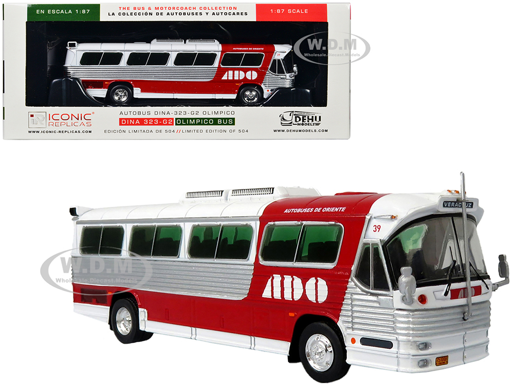 Dina 323-G2 Olimpico Coach Bus ADO (Autobuses De Oriente) White And Silver With Red Stripes Limited Edition To 504 Pieces Worldwide The Bus And Mo