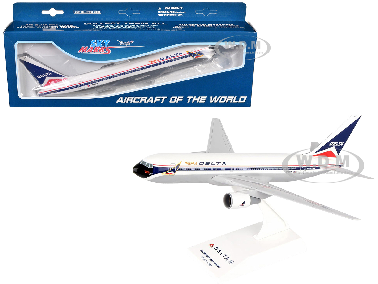 Boeing 767-200 Commercial Aircraft "The Spirit of Delta Airlines" (N170SY) White with Blue and Red Stripes (Snap-Fit) 1/200 Plastic Model by Skymarks