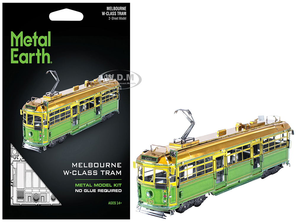 Model Kit Melbourne W-class Tram Green and Gold (Moderate Difficulty) Steel Model by Metal Earth