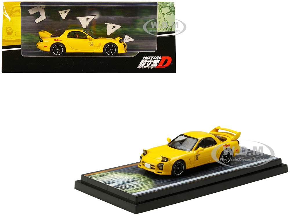 Mazda RX-7 (FD3S) RHD (Right Hand Drive) Yellow RedSuns with Keisuke Takahashi Driver Figure Initial D (1995-2013) Manga 1/64 Diecast Model Car by Hobby Japan