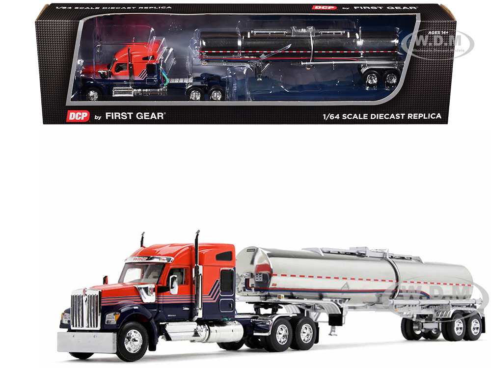 Kenworth W990 with 76 Mid-Roof Sleeper and Brenner Chemical Grade Tandem Axle Tanker Trailer Red and Navy Blue 1/64 Diecast Model by DCP/First Gear