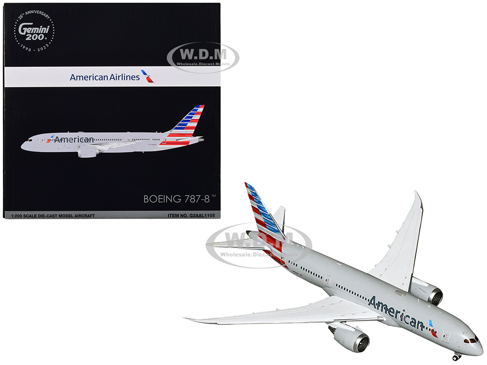 Boeing 787-8 Commercial Aircraft American Airlines Gray with Tail Stripes Gemini 200 Series 1/200 Diecast Model Airplane by GeminiJets