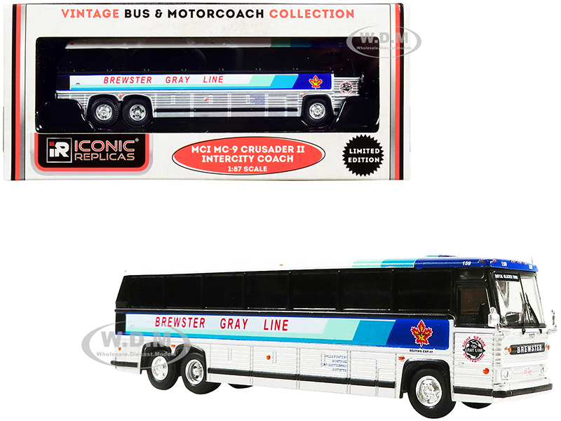 1980 MCI MC-9 Crusader II Intercity Coach Bus Brewster Gray Line (Canada) White and Silver with Stripes Vintage Bus & Motorcoach Collection 1/87 (HO) Diecast Model by Iconic Replicas