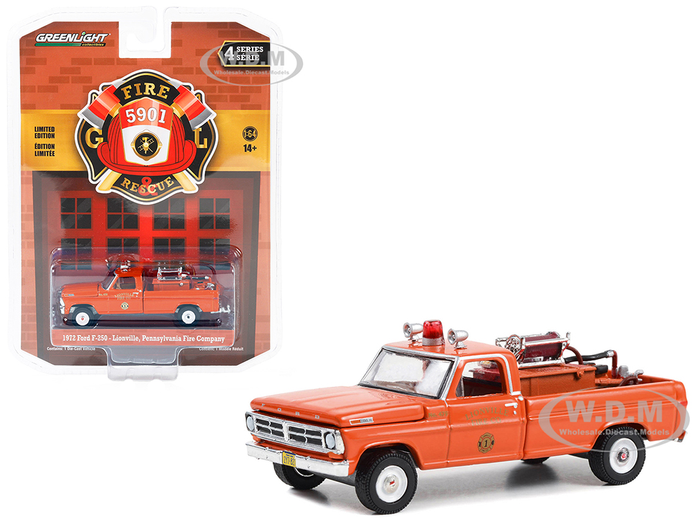 1972 Ford F-250 Pickup Truck with Fire Equipment Hose and Tank Red Lionville Pennsylvania Fire Company Fire &amp; Rescue Series 4 1/64 Diecast Model Car by Greenlight