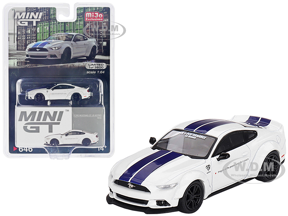 Ford Mustang GT LB-Works White with Blue Stripes Limited Edition to 3600 pieces Worldwide 1/64 Diecast Model Car by Mini GT