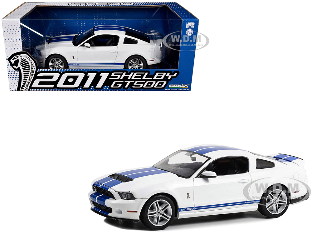 2011 Shelby GT500 Performance White with Grabber Blue Stripes 1/18 Diecast Model Car by Greenlight