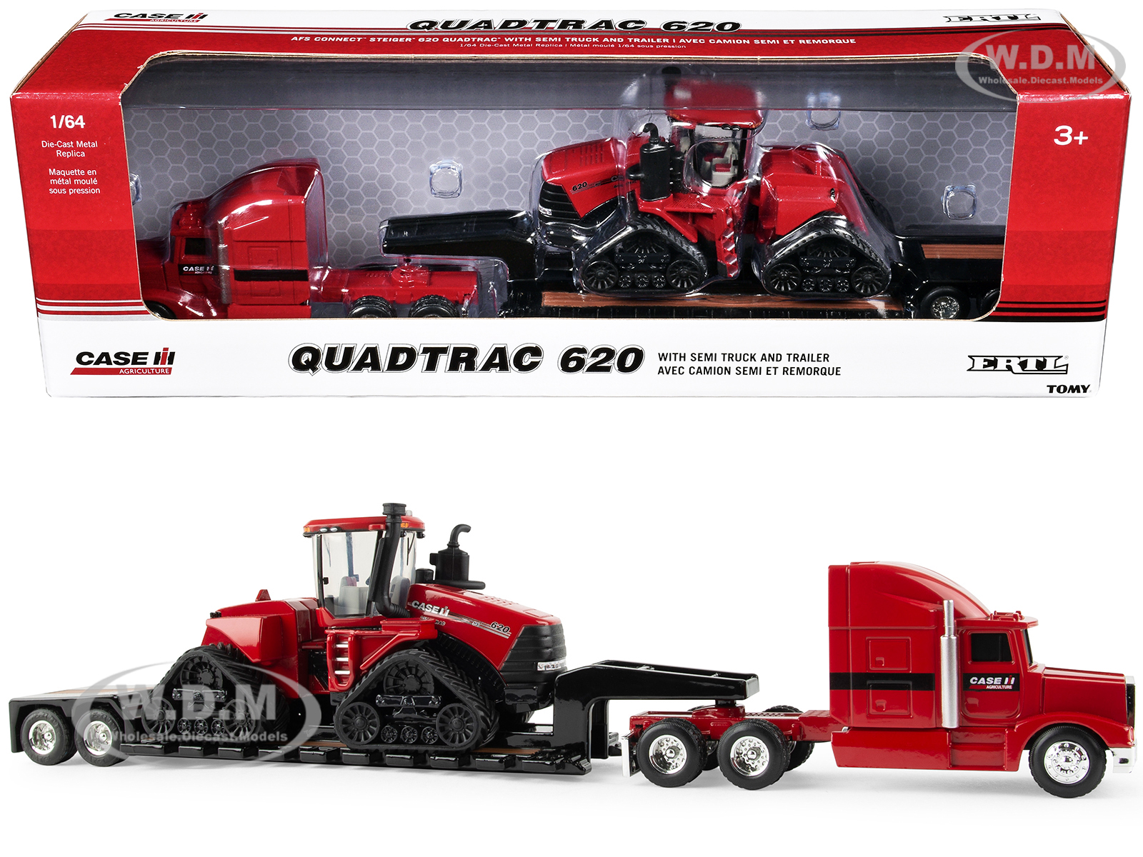 Semi Truck Red with Flatbed Trailer and Case IH Quadtrac 620 Tractor Red Case IH Agriculture Series 1/64 Diecast Models by ERTL TOMY