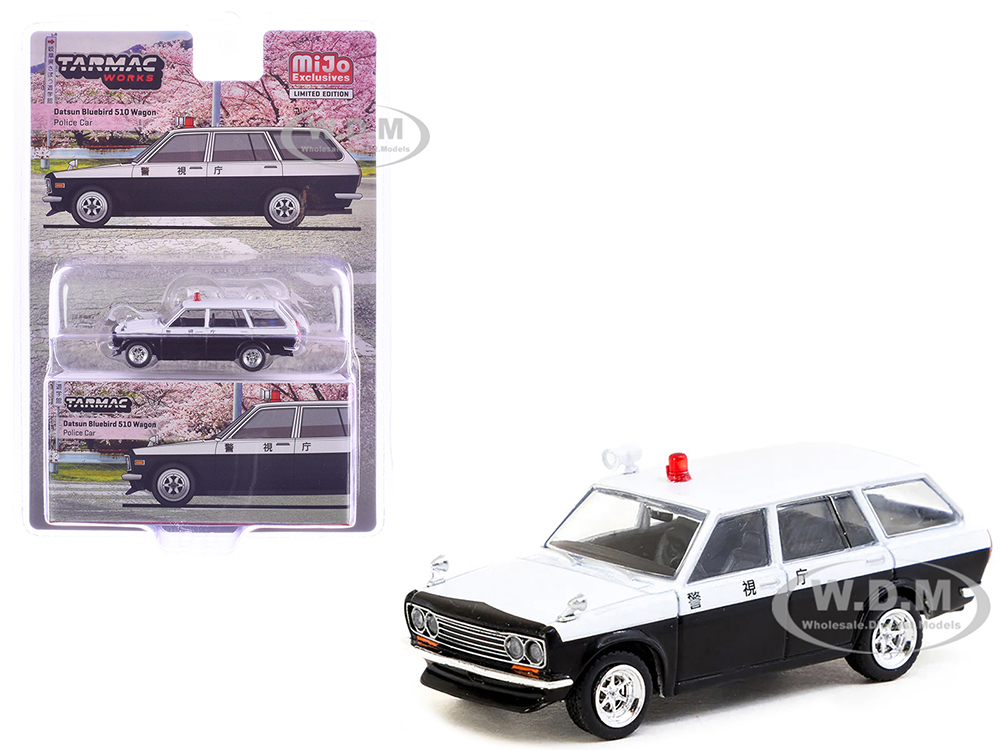 Datsun Bluebird 510 Wagon "Japan Police Car" Black and White "Global64" Series 1/64 Diecast Model by Tarmac Works