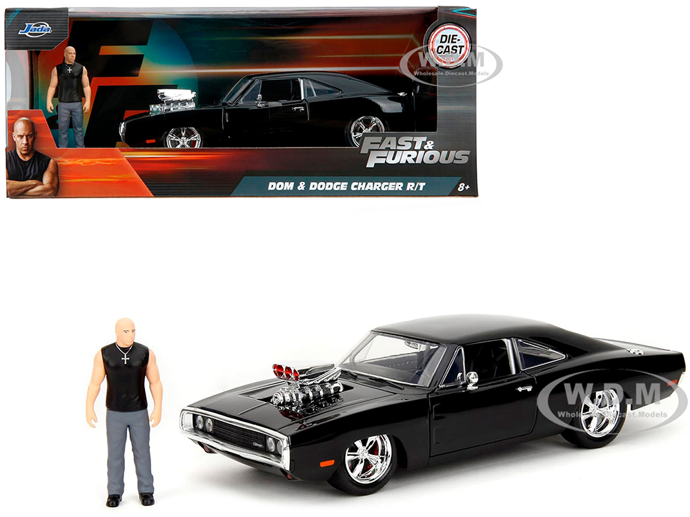 Dodge Charger R/T Black with Dom Diecast Figure Fast &amp; Furious (2009) Movie Hollywood Rides Series 1/24 Diecast Model Car by Jada