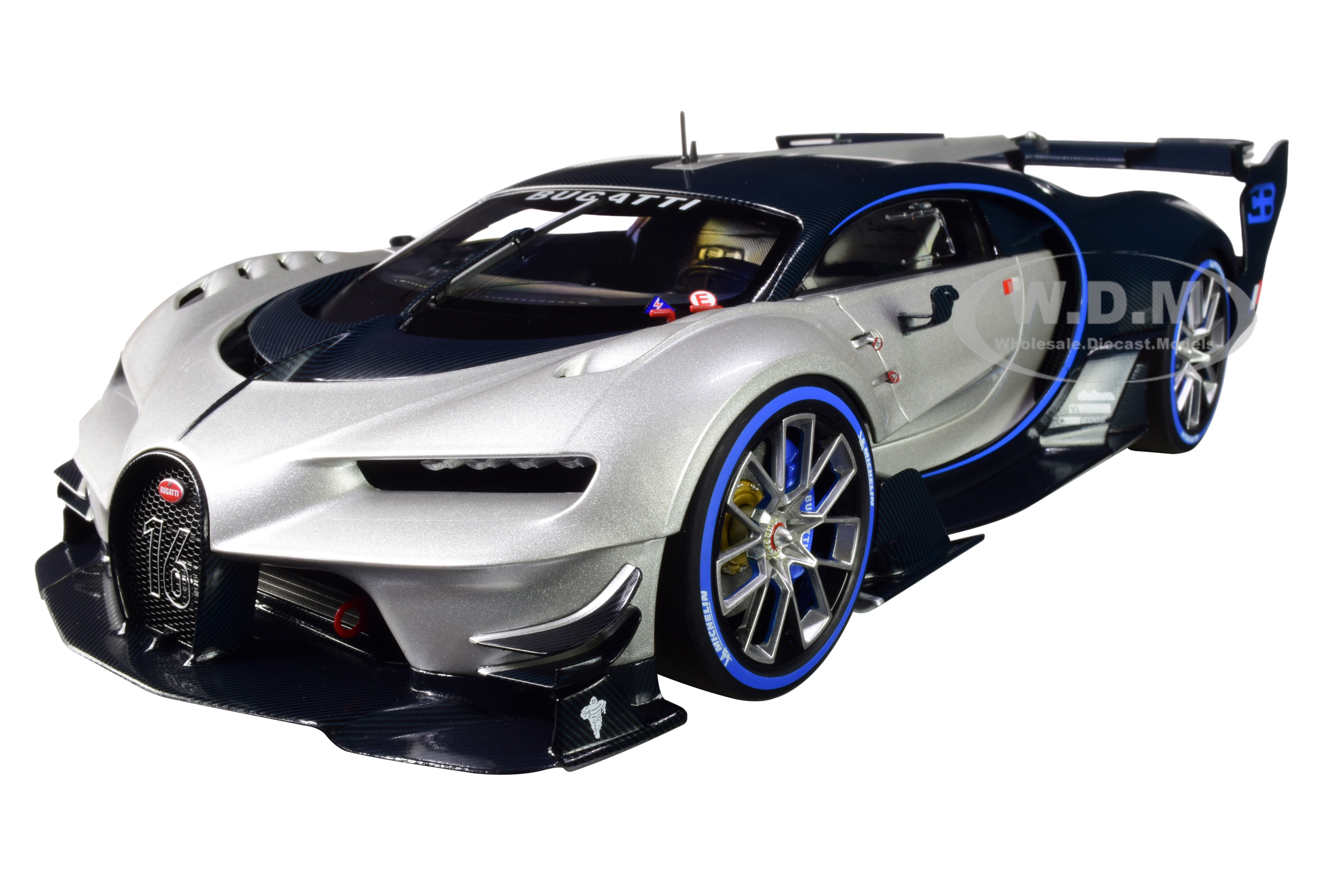 Bugatti Vision Gran Turismo "16" Argent Silver And Blue Carbon Fiber 1/18 Model Car By Autoart