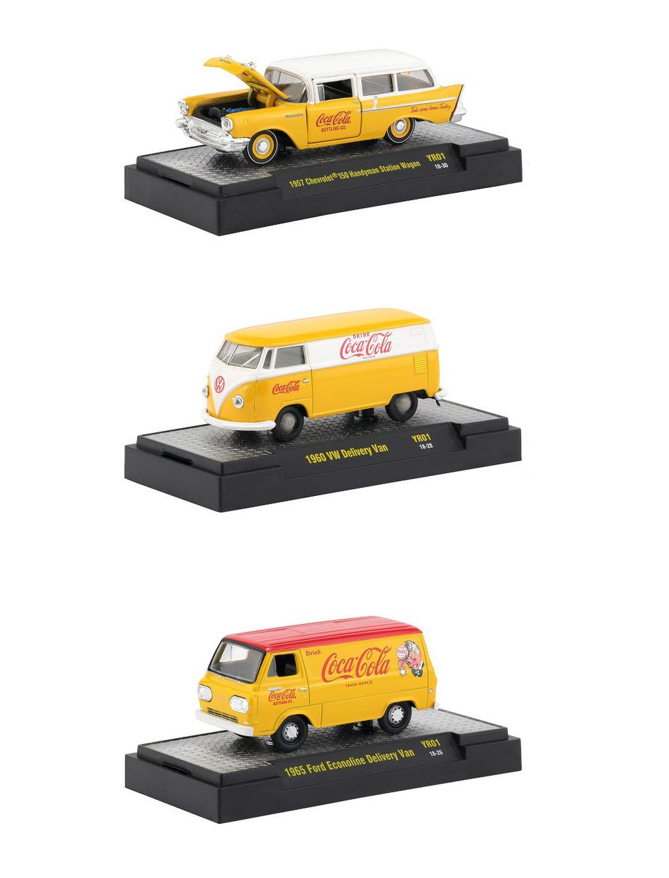 "coca-cola" Yellow Set Of 3 Cars Limited Edition To 4800 Pieces Worldwide Hobby Exclusive 1/64 Diecast Models By M2 Machines
