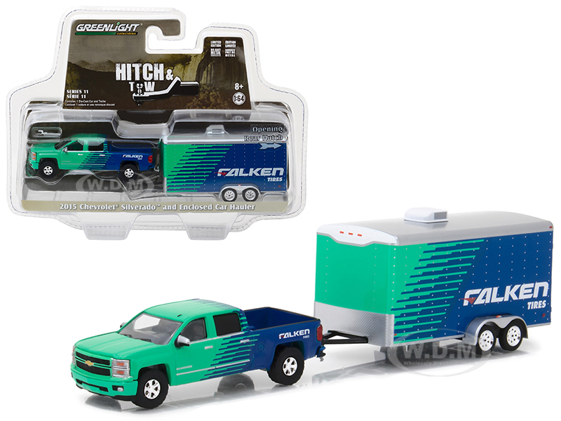 2015 Chevrolet Silverado Pickup Truck Falken Tires And Enclosed Car Hauler Hitch & Tow Series 11 1/64 Diecast Car Model By Greenlight