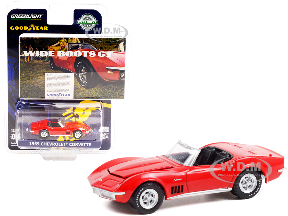 1969 Chevrolet Corvette Convertible Red Wide Boots GT Goodyear Vintage Ad Cars 1/64 Diecast Model Car by Greenlight