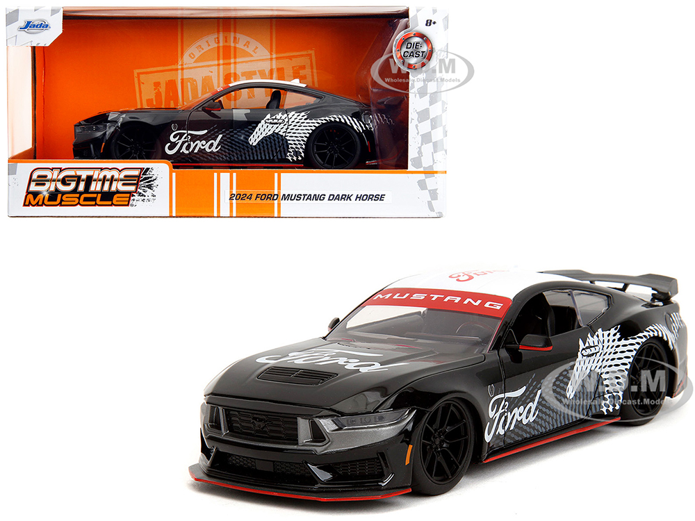 2024 Ford Mustang Dark Horse Black with White Top and Mustang Horse Graphics Bigtime Muscle Series 1/24 Diecast Model Car by Jada