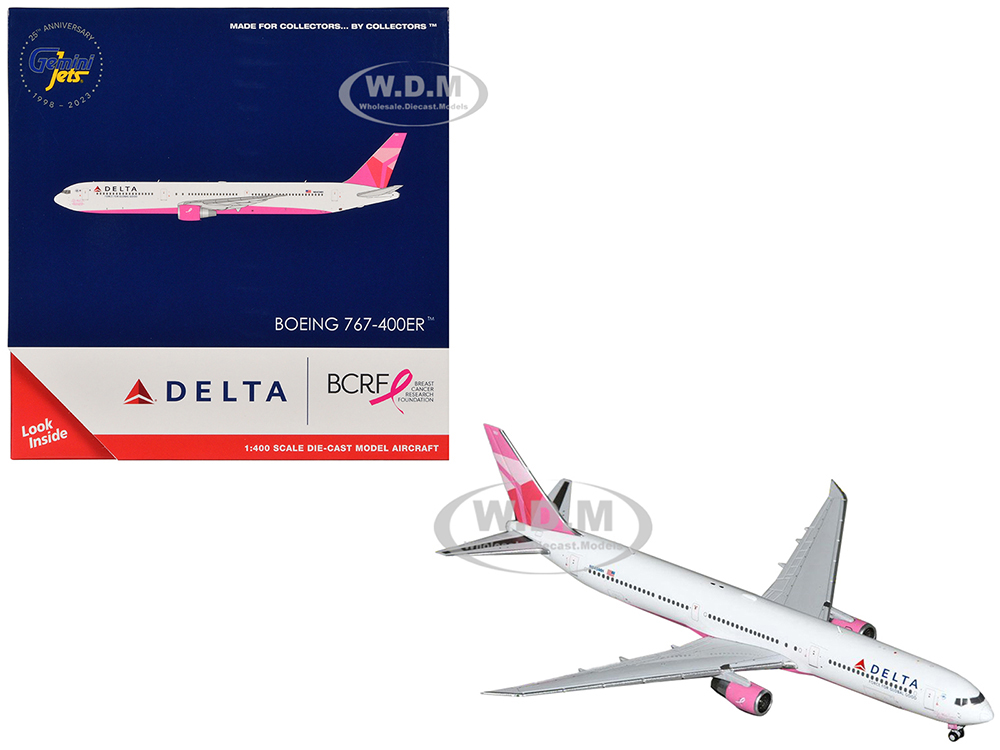 Boeing 767-400ER Commercial Aircraft Delta Air Lines - Breast Cancer Research Foundation (N845MH) White With Pink Tail 1/400 Diecast Model Airplane