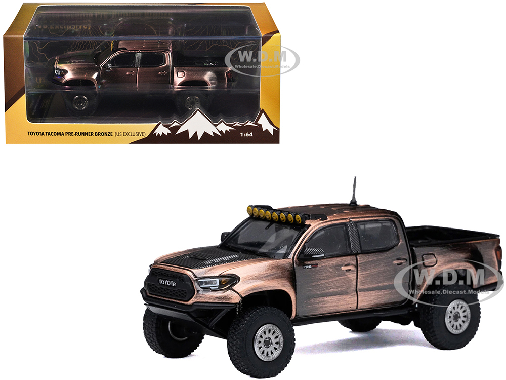 Toyota Tacoma Pre-Runner Pickup Truck Brushed Bronze Metallic with Carbon Hood 1/64 Diecast Model Car by GCD