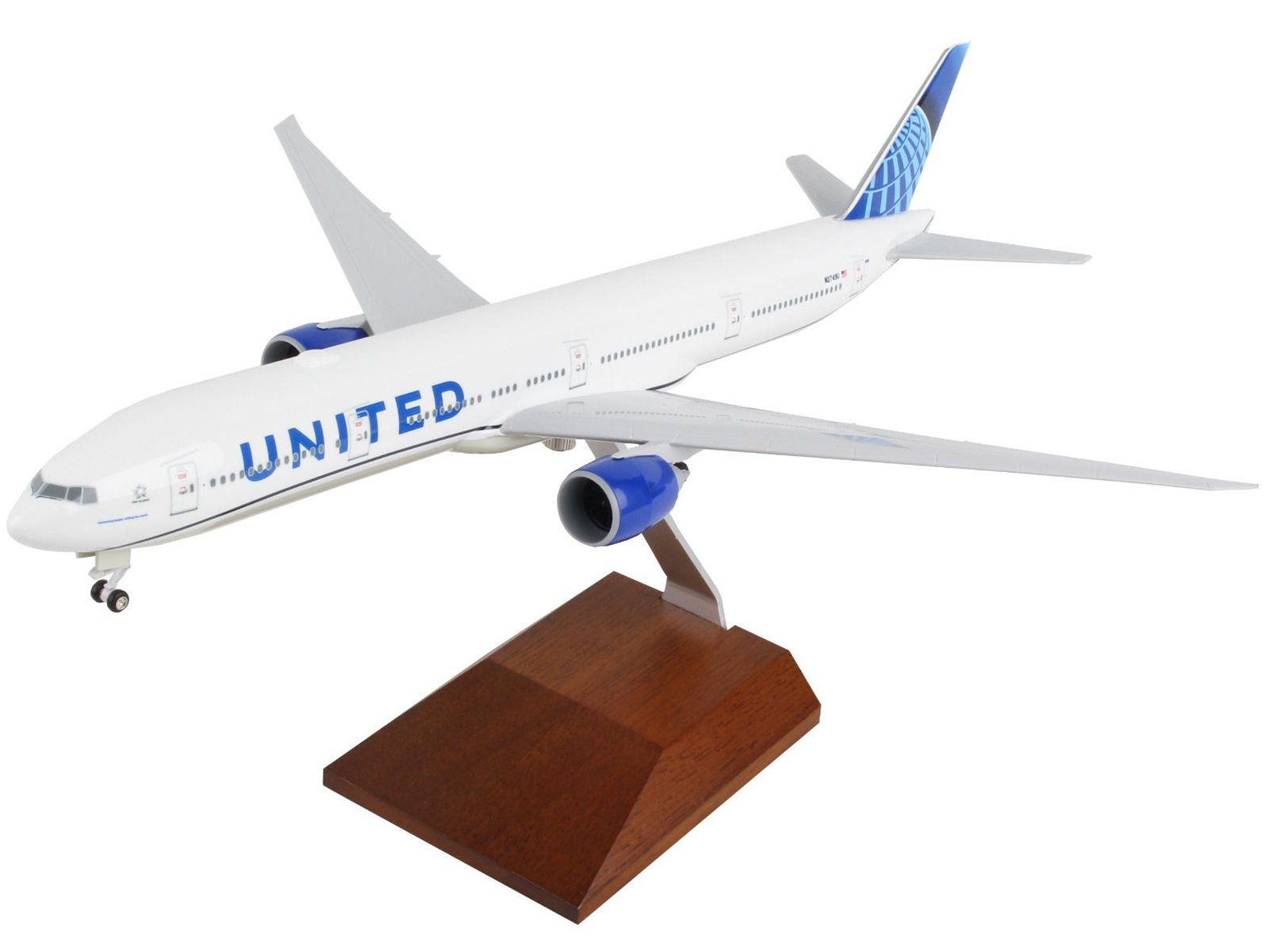 Boeing 777-300 Commercial Aircraft "United Airlines" (N2749U) White with Blue Tail with Wood Stand (2019 Livery) (Snap-Fit) 1/200 Plastic Model by Sk