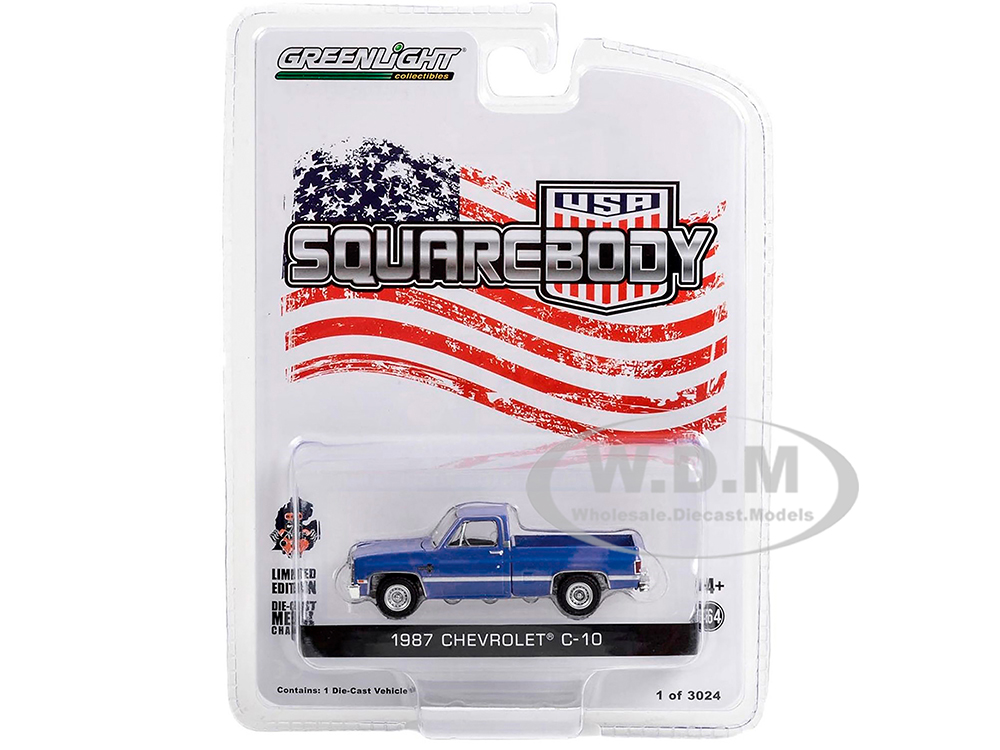 1987 Chevrolet C-10 Pickup Truck Blue Squarebody USA Limited Edition to 3024 pieces Worldwide 1/64 Diecast Model Car by Greenlight