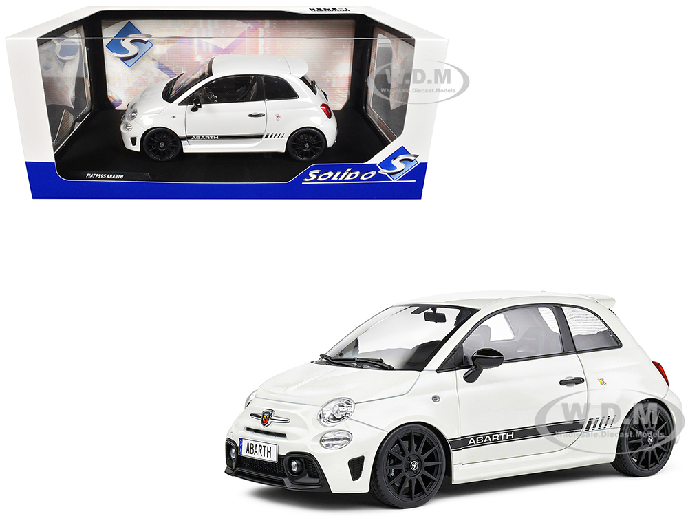 2022 Fiat F595 Abarth Ghiaccio White with Black Stripes 1/18 Diecast Model Car by Solido