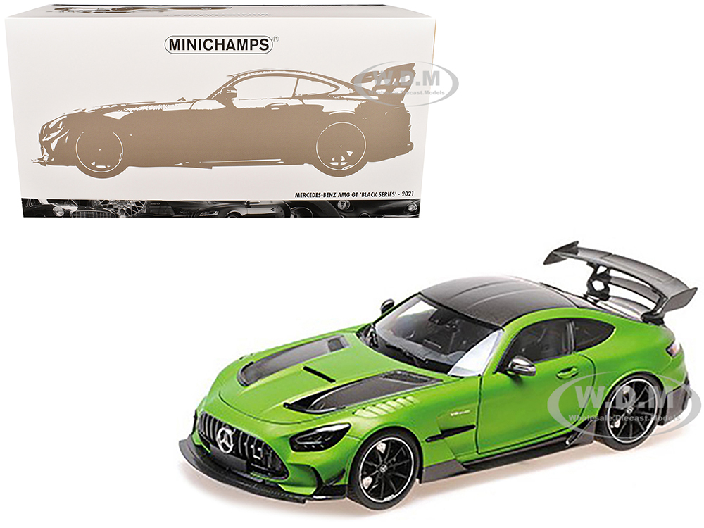 2021 Mercedes-Benz AMG GT Black Series Matt Green Metallic with Black Top and Hood Stripes 1/18 Diecast Model Car by Minichamps