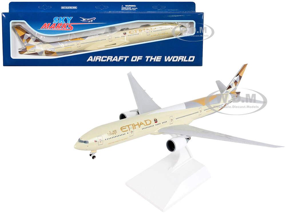 Boeing 777-300ER Commercial Aircraft with Landing Gear Etihad Airways (A6-ETA) Beige with Tail Graphics (Snap-Fit) 1/200 Plastic Model by Skymarks