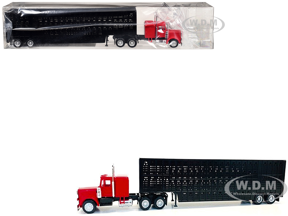 Peterbilt with Sleeper Cab Red with Black Livestock Trailer 1/87 (HO) Plastic Model Car by Promotex