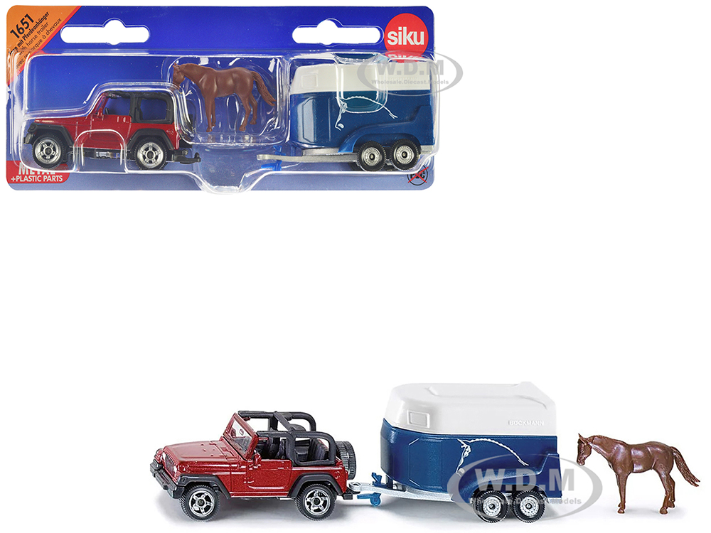 Jeep Red with Horse Trailer Blue and Horse Accessory Diecast Model by Siku