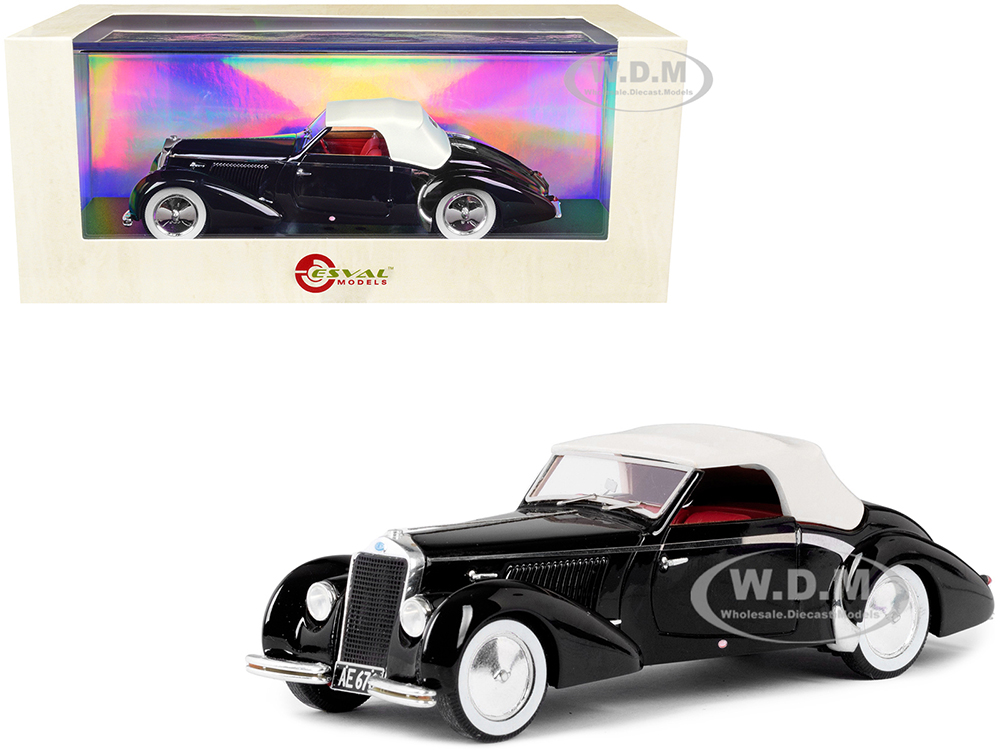 1939 Delage D6-70 Cabriolet (Top Up) RHD (Right Hand Drive) by Letourneur & Marchand Black with White Top and Red Interior Limited Edition to 250 pieces Worldwide 1/43 Model Car by Esval Models