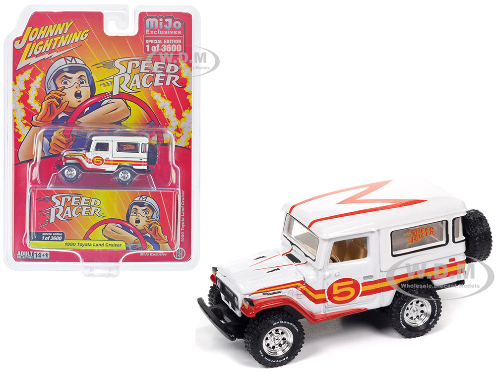 1980 Toyota Land Cruiser White with Red and Yellow Stripes Speed Racer Livery Limited Edition to 3600 pieces Worldwide 1/64 Diecast Model Car by Johnny Lightning