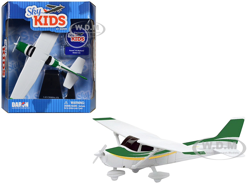 Cessna 172 Aircraft White with Green and Yellow Stripes Sky Kids Series 1/42 Plastic Model Airplane by Daron