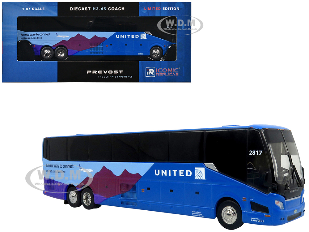 Prevost H3-45 Coach Bus United Airlines Blue with Graphics Limited Edition 1/87 (HO) Diecast Model by Iconic Replicas