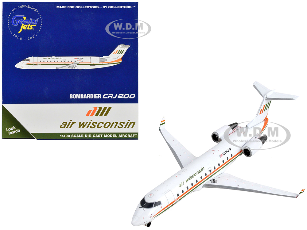 Bombardier CRJ200 Commercial Aircraft "Air Wisconsin" White with Orange and Green Stripes 1/400 Diecast Model Airplane by GeminiJets