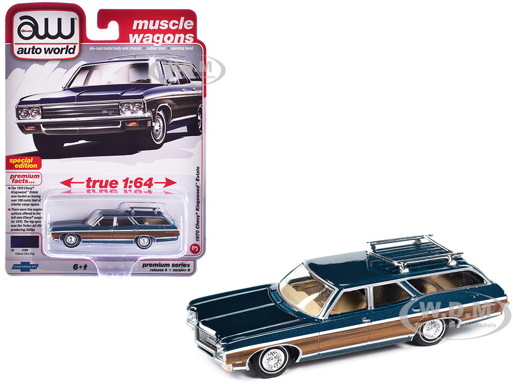 1970 Chevrolet Kingswood Estate Wagon Fathom Blue Metallic with Side Wood Panels Muscle Wagons Series 1/64 Diecast Model Car by Auto World