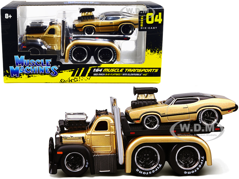 1953 Mack B-61 Flatbed Truck Gold and 1970 Oldsmobile 442 Gold with Black Top and Stripes Muscle Transports 1/64 Diecast Model Cars by Muscle Machines