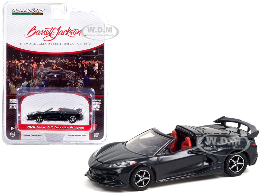 2020 Chevrolet Corvette C8 Stingray Convertible Shadow Gray Metallic with Adrenaline Red Interior (Lot #3002) Barrett Jackson Scottsdale Edition Series 7 1/64 Diecast Model Car by Greenlight