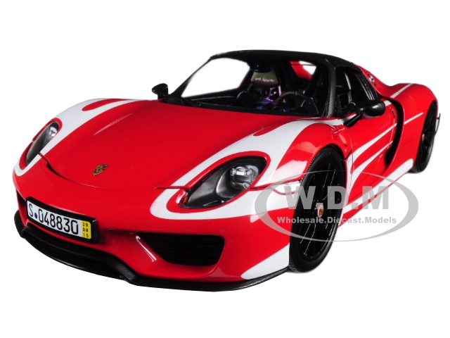 2015 Porsche Spyder 918 With Weissach Package Red With White Stripes Limited Edition To 300 Pieces Worldwide 1/18 Diecast Model Car By Minichamps