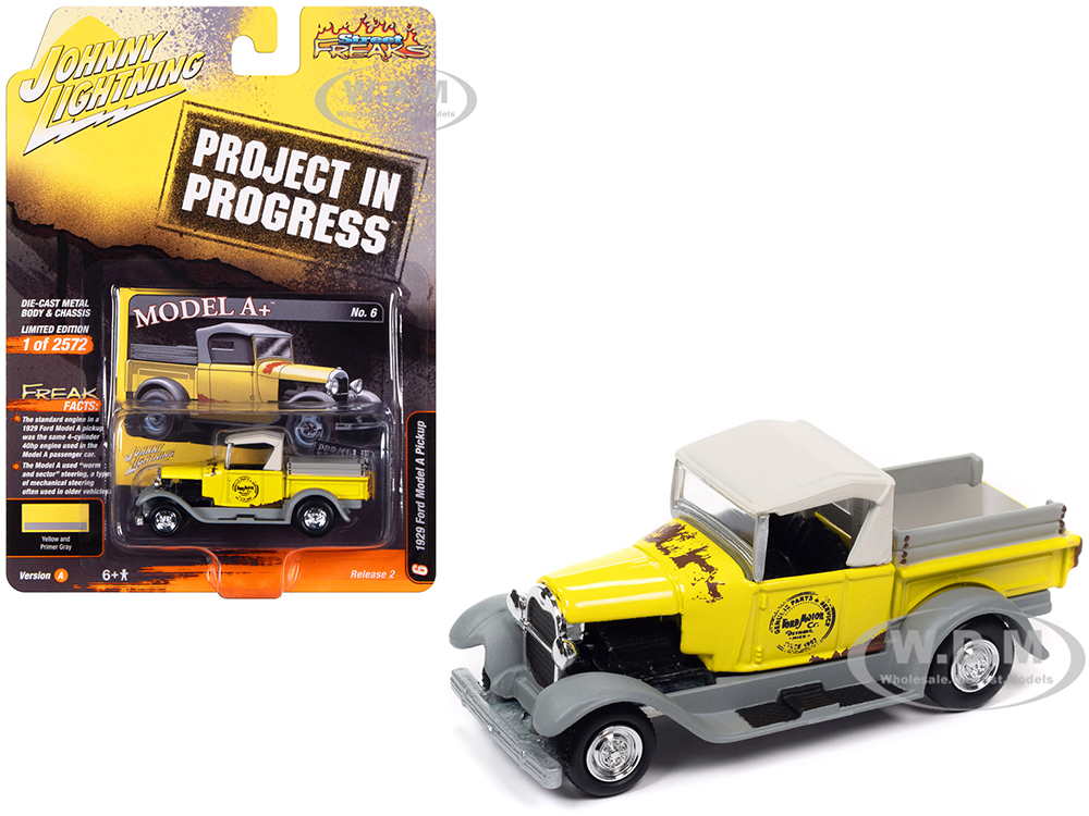 1929 Ford Model A Pickup Truck Model A+ Yellow and Primer Gray Project in Progress Limited Edition to 2572 pieces Worldwide Street Freaks Series 1/64 Diecast Model Car by Johnny Lightning