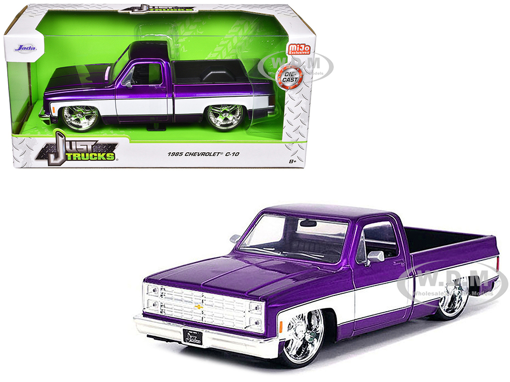 1985 Chevrolet C-10 Pickup Truck Purple Metallic and White with Lorenzo Wheels "Just Trucks" Series 1/24 Diecast Model Car by Jada